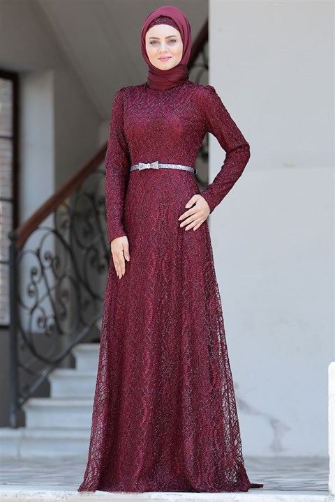 Evening Dress - Lace - Full Lined - High Collar - Claret Red - AHN135