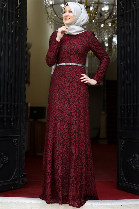 Evening Dress - Lace - Full Lined - High Collar - Claret Red - AMH125