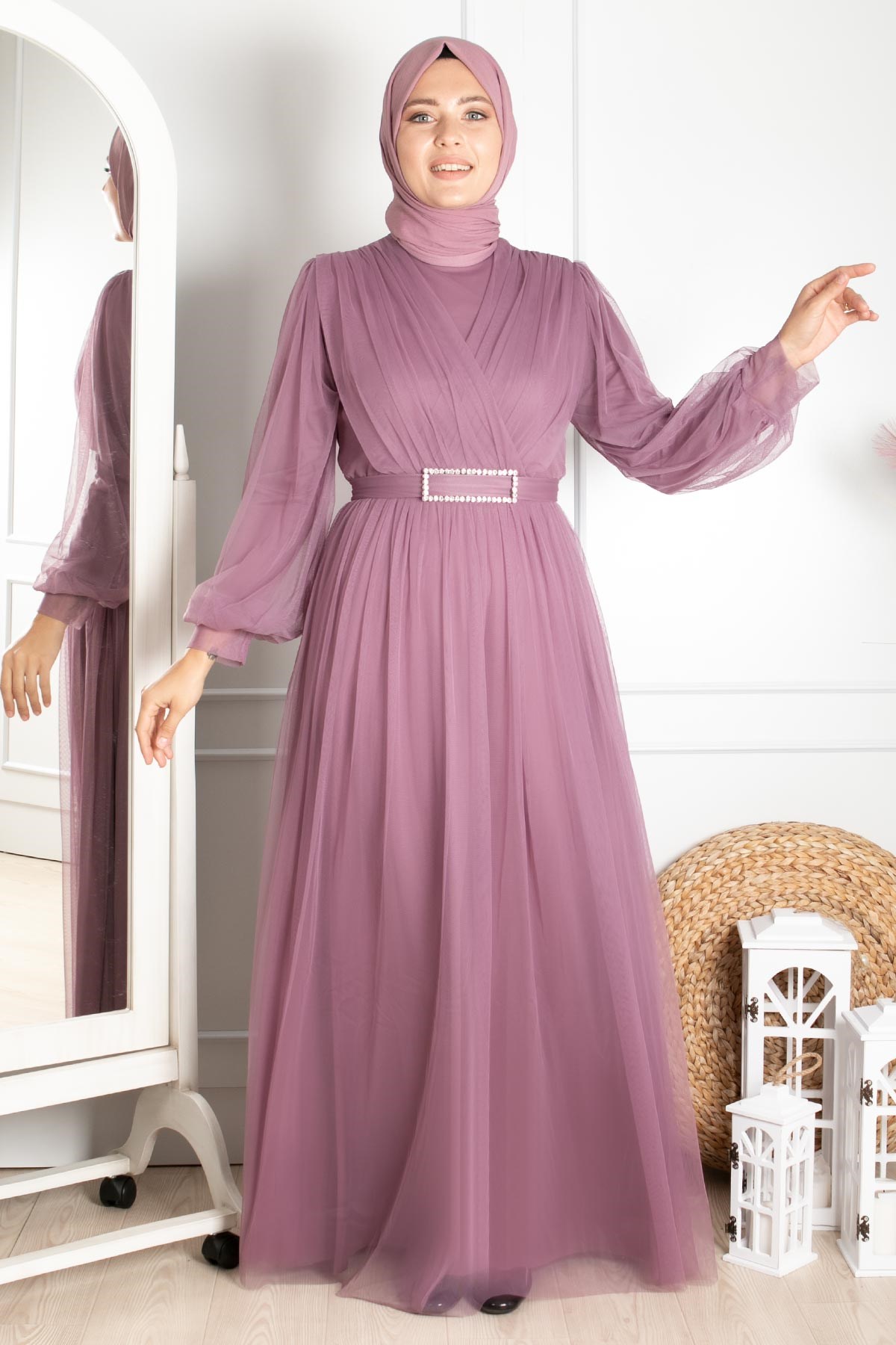 Tulle Detailed Evening Dress Lilac  FHM777FHM777-LİLAFahima