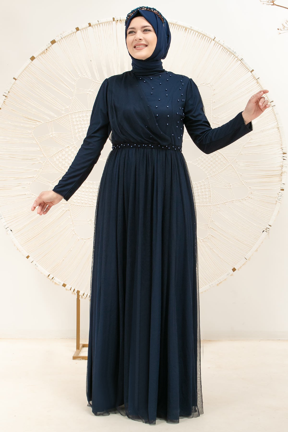 Pearl Detailed Arched Tulle Evening Dress Dress Dark Blue FHM831FHM831-LACİVERTFahima