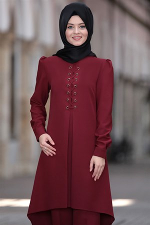Tunic - Pants - 2 Piece Suit - Crepe - Unlined - High Collar - Claret Red - AHN01
