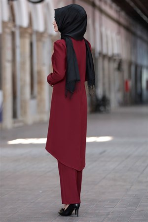 Tunic - Pants - 2 Piece Suit - Crepe - Unlined - High Collar - Claret Red - AHN01