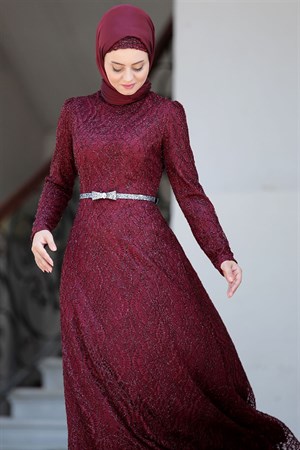 Evening Dress - Lace - Full Lined - High Collar - Claret Red - AHN135