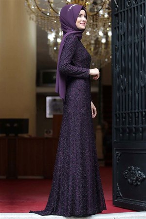 Evening Dress - Lace - Full Lined - High Collar - Plum - AMH119