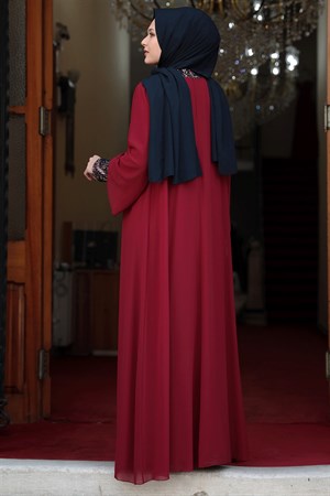 Evening Dress - Lycra - Unlined - Crew Neck - Claret Red  - AMH505