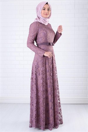 Dress - Lace - Full Lined - High Collar - Lilac - FHM396