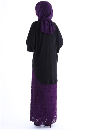 Blouse - Skirt - 2 Piece Suit - Silvery Lace - Crew Neck - Purple - FHM580