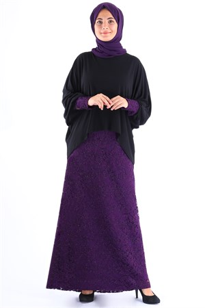 Blouse - Skirt - 2 Piece Suit - Silvery Lace - Crew Neck - Purple - FHM580