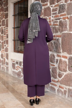 Tunic - Pants - 2 Piece Suit - Crepe - Unlined - Crew Neck - Purple - FHM592FHM592-MORFahima