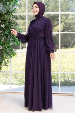 Pearl Stone Detailed Tulle Evening Dresses Purple FHM830FHM830-MORFahima