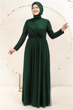 Pearl Detailed Arched Tulle Evening Dress Dress Emerald FHM831FHM831-ZÜMRÜTFahima