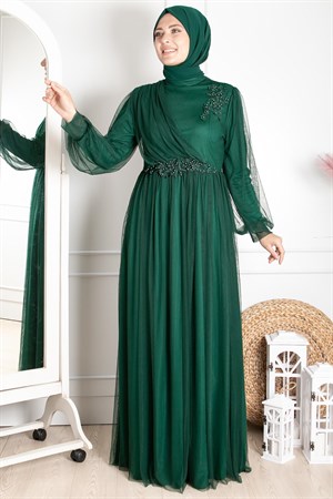 Tulle Evening Dresses with Guipure Emerald FHM844FHM844-ZÜMRÜTFahima