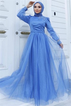 Gupure Embroidered Tulle Evening Dresses Indigo Blue HMA92HMA92-İNDİGOHümeyra Arslan