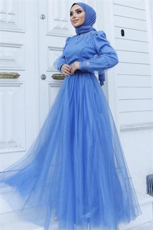 Gupure Embroidered Tulle Evening Dresses Indigo Blue HMA92HMA92-İNDİGOHümeyra Arslan