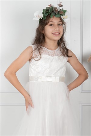 Tulle Children's Evening Dresses with Lace Details Ecru MDV304MDV304-EKRUModaviki